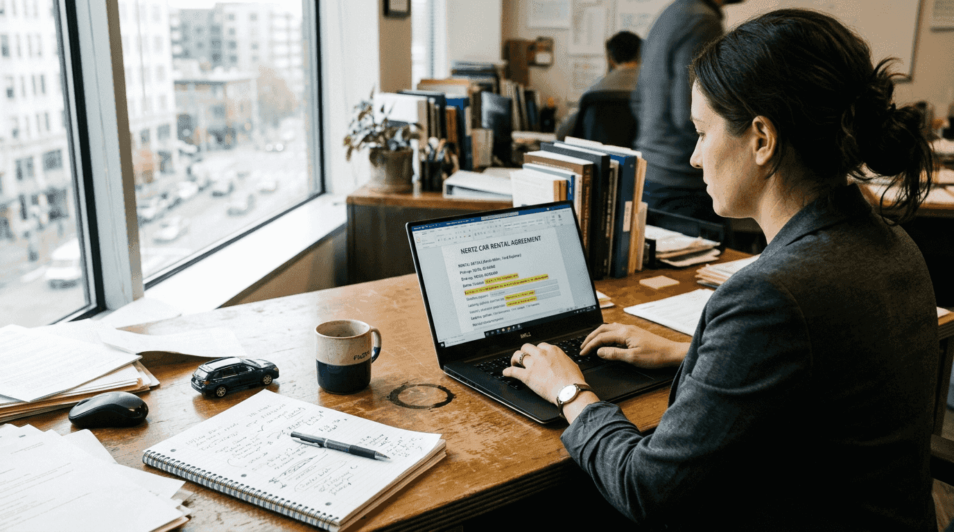 Digital car rental contract on laptop screen