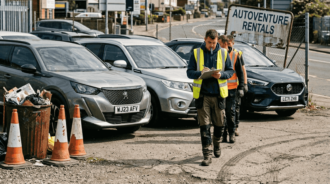 Compact SUVs on a rental lot with workers