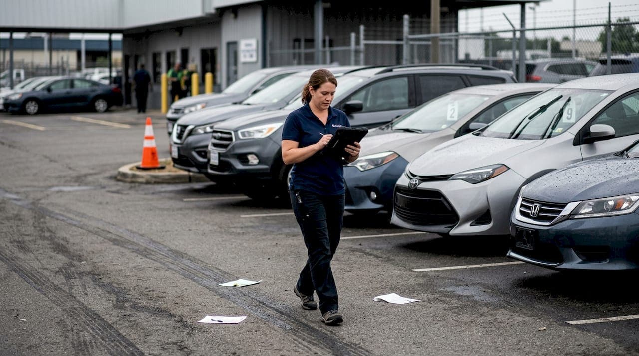 Rental employee audits fleet with tablet outdoors