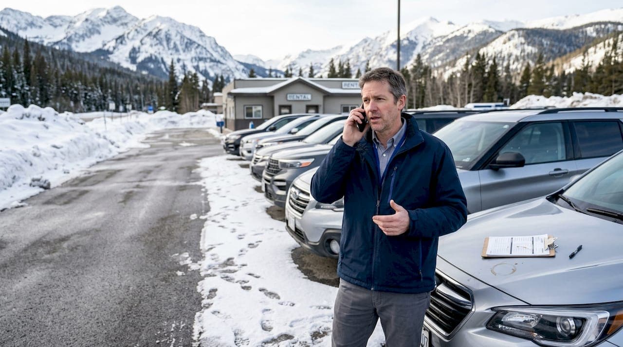 Rental agent in mountain branch with SUVs