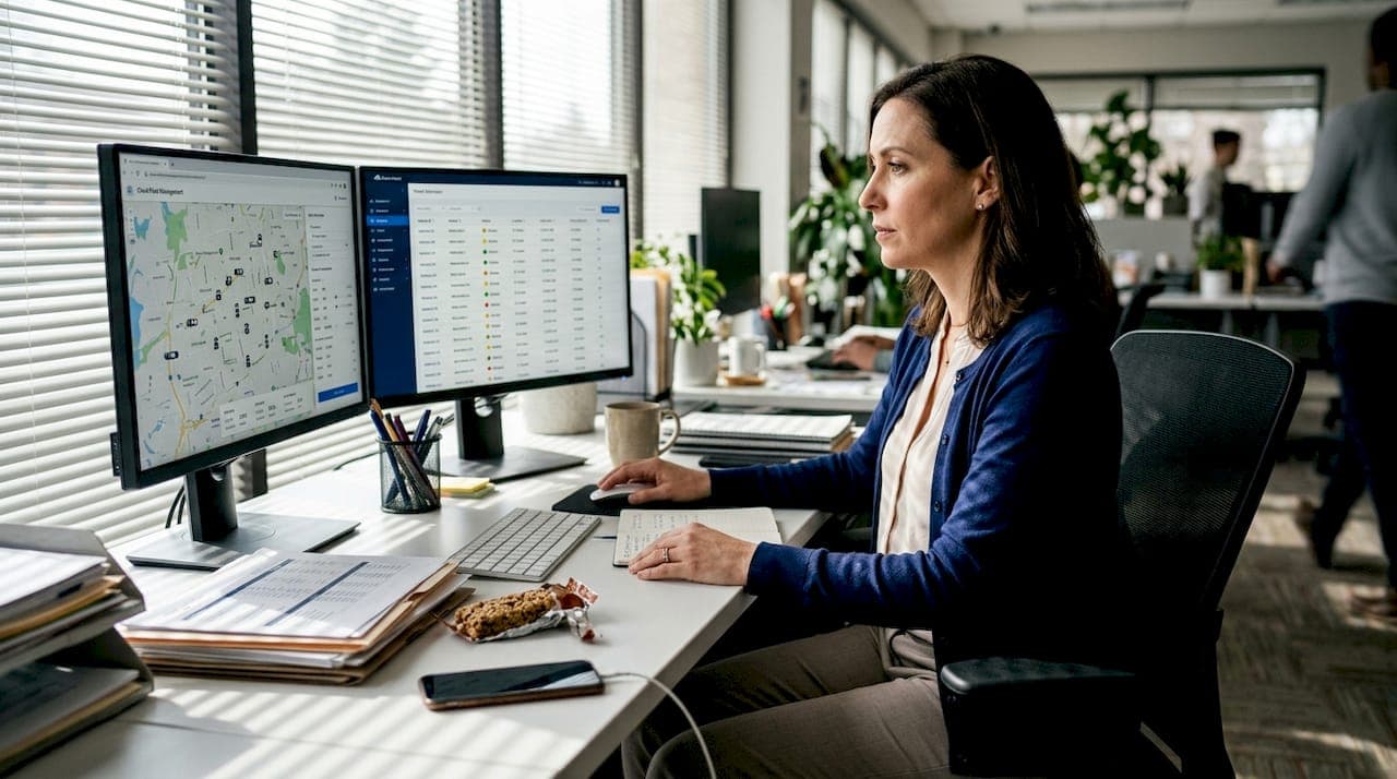Coordinator reviews fleet status on dual monitors