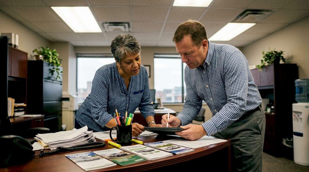 Rental clerk assisting customer at desk