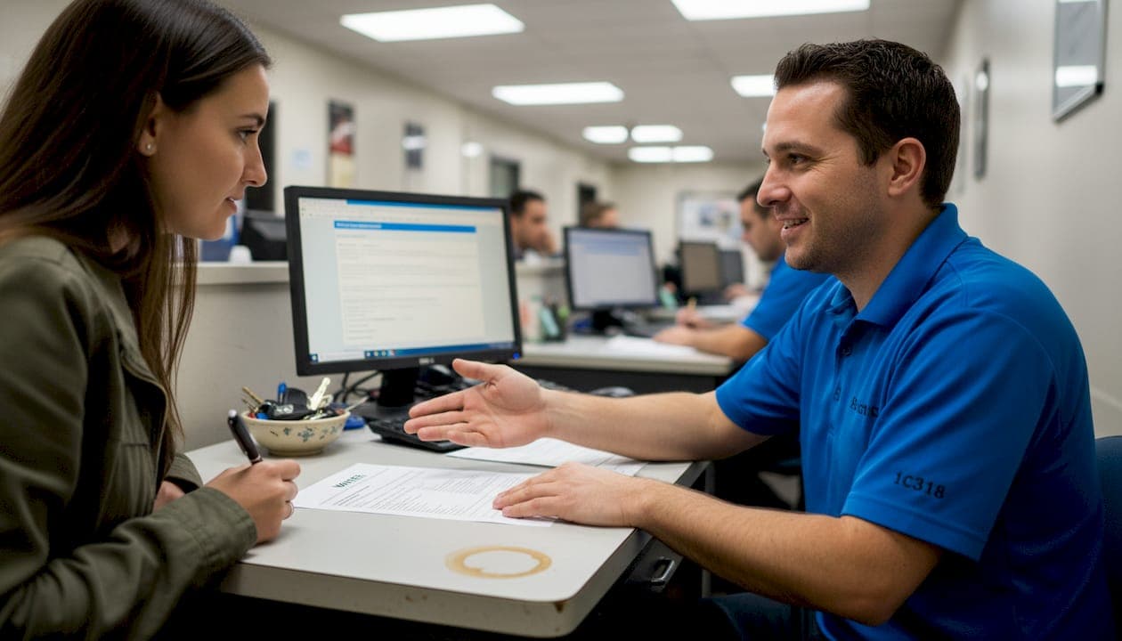 Rental agent explaining waiver form to customer