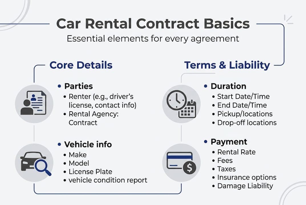 Infographic summarizing car rental contract basics