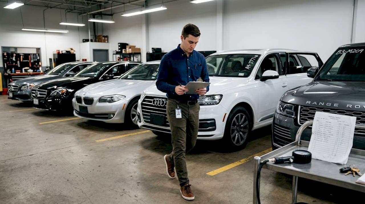 Coordinator surveys luxury fleet in company garage