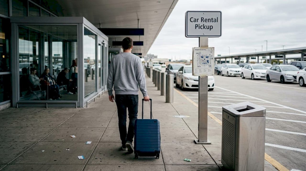Traveler heading to airport car rental pickup area