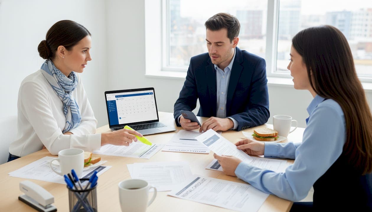 Small rental team reviews workflow paperwork