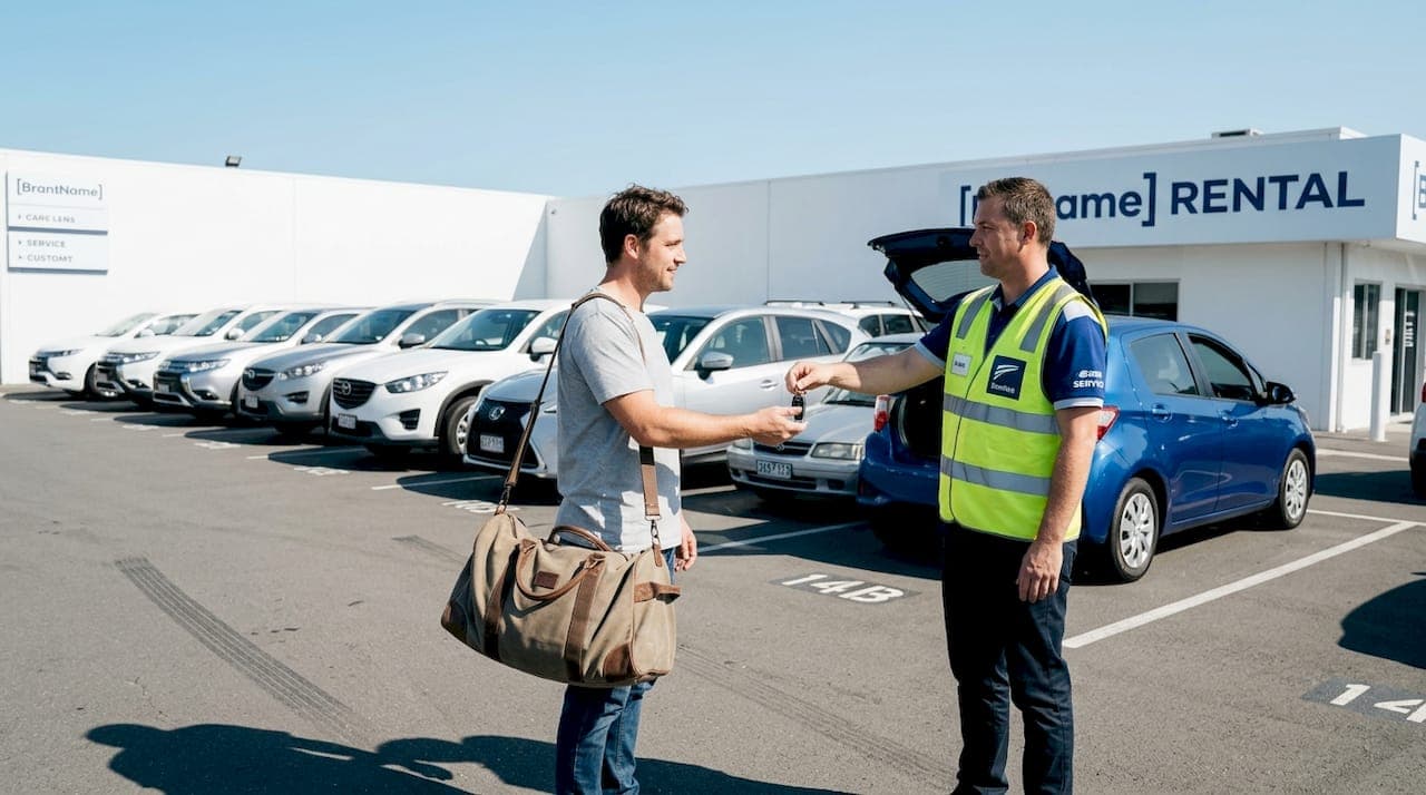 Rental staff handing keys to customer in car lot