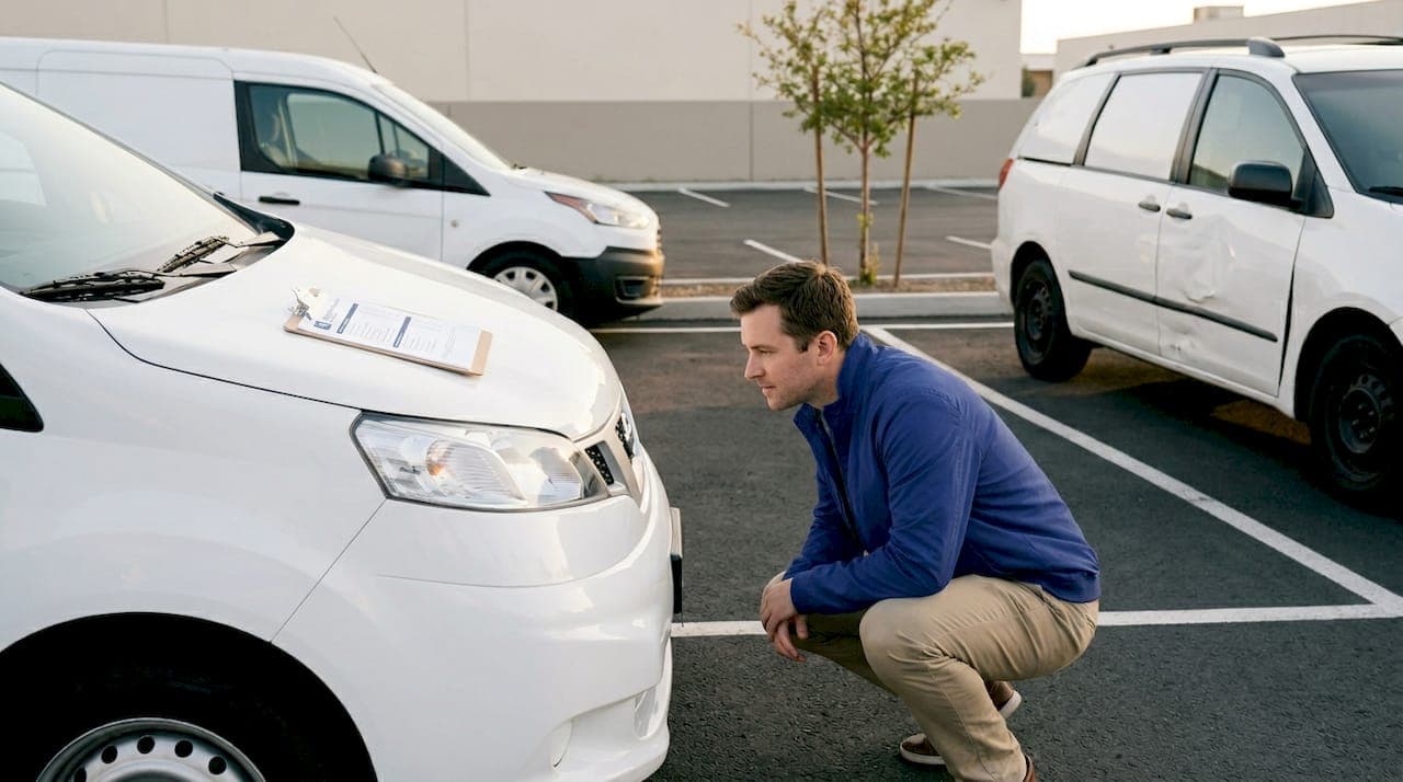 Customer inspecting rental van in car lot
