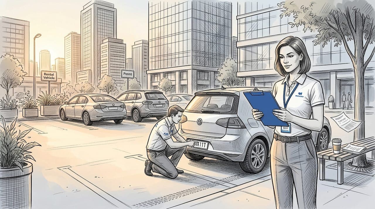 Staff performing security inspection on rental car