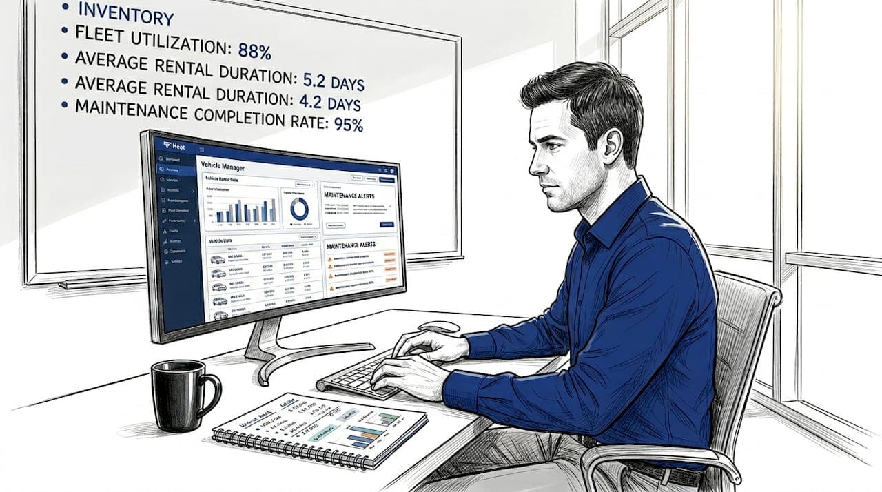 Fleet manager reviewing rental software dashboards