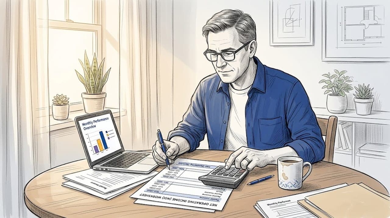 Property manager reviewing NOI worksheet at home