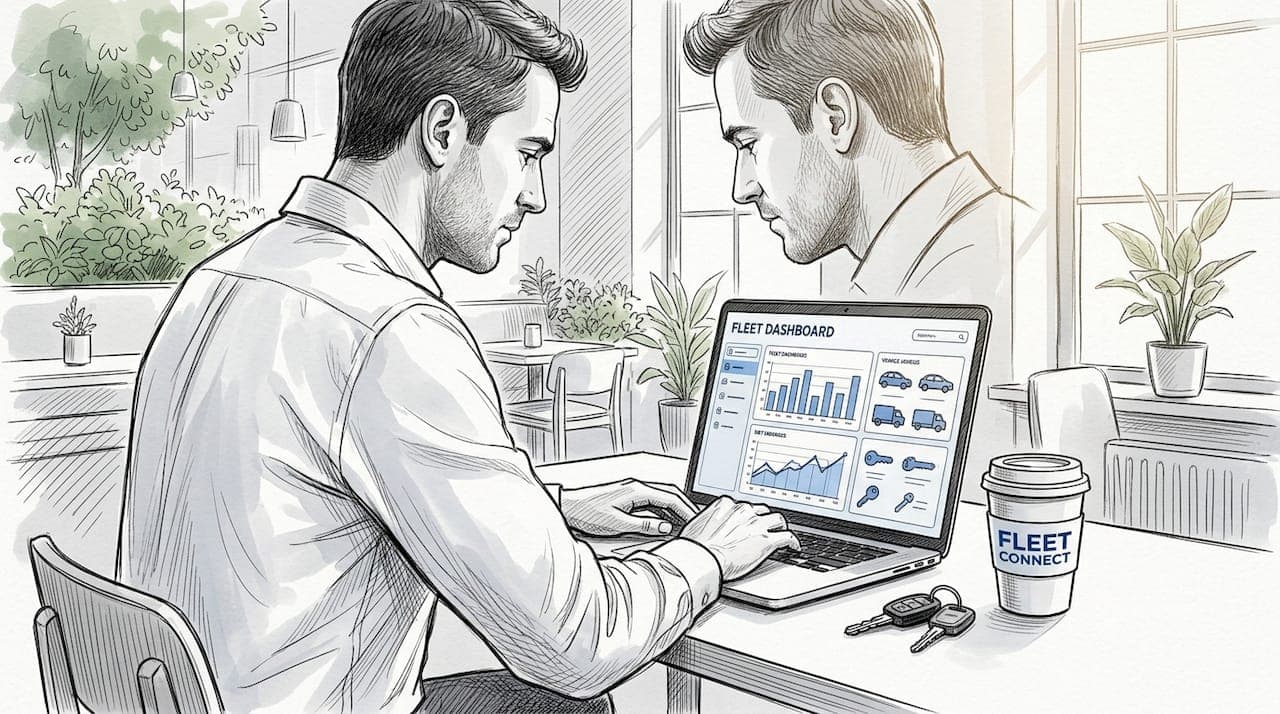 Manager using fleet software at office desk
