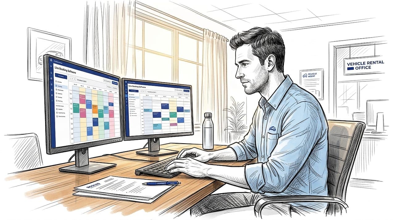 Rental agent using booking software at desk