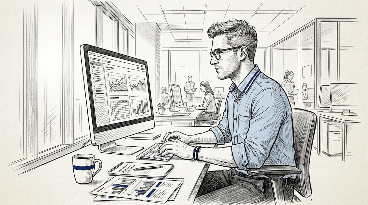 Fleet operations manager reviewing data on monitor