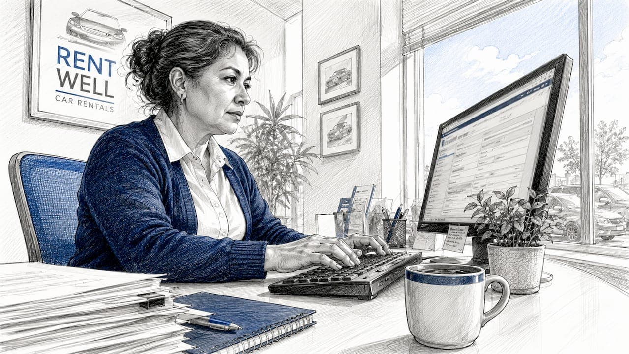 Woman managing vehicle reservations at desk