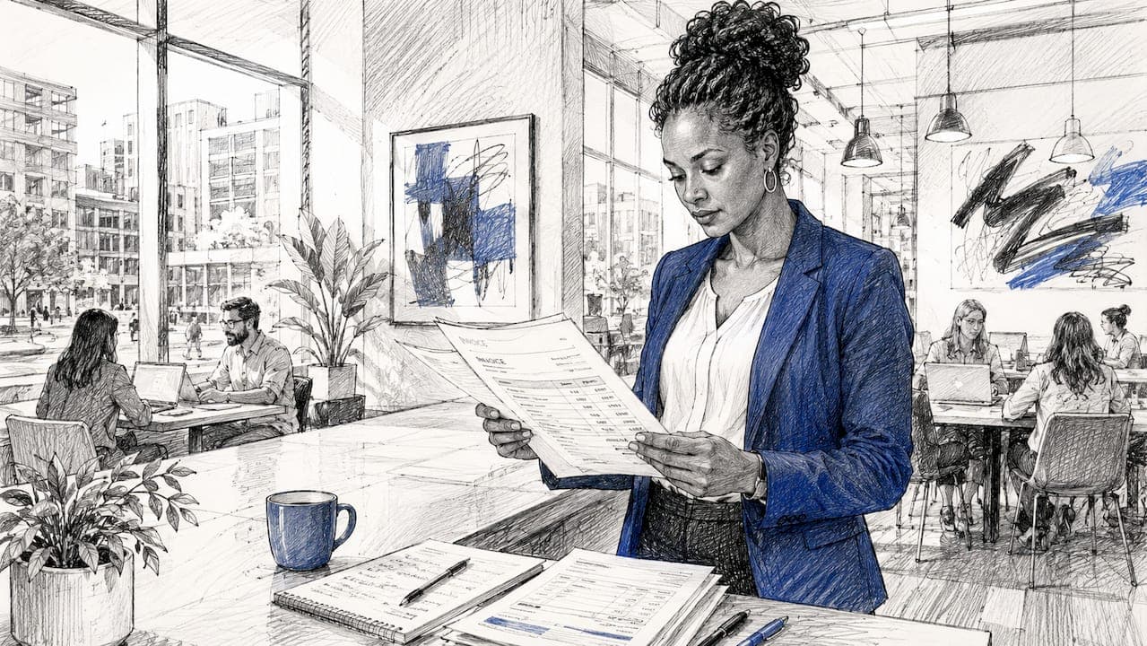Woman reviewing invoices at office desk