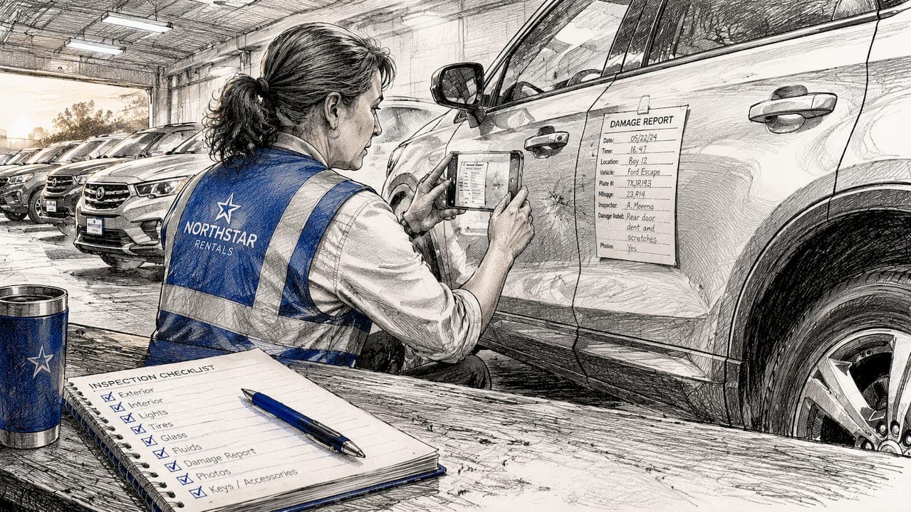 Woman inspecting parked rental vehicles with smartphone