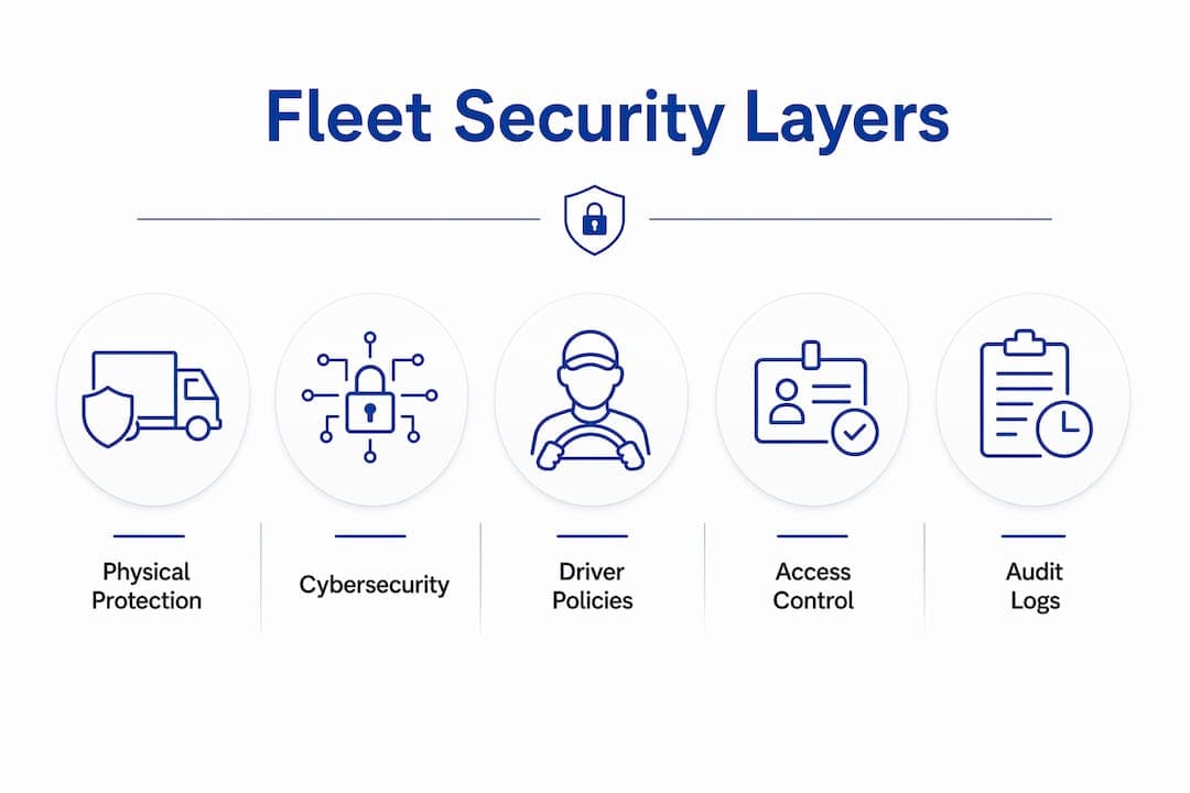 Infographic showing layered fleet security approach with key components