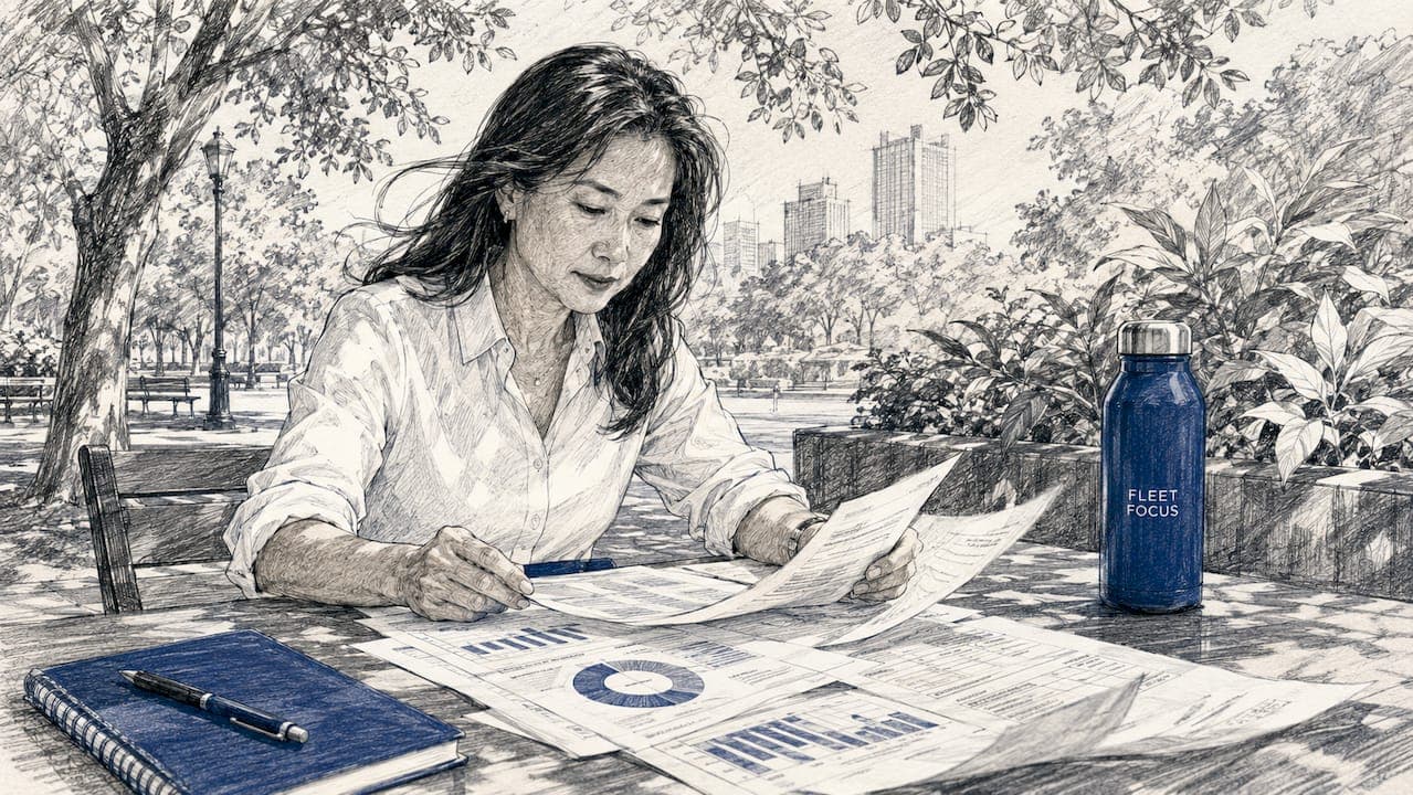 Fleet manager reviewing printed reports