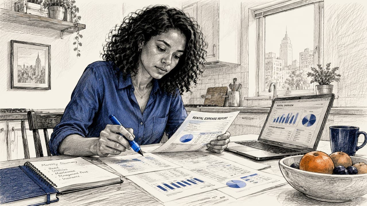 Woman reviewing rental income documents at desk