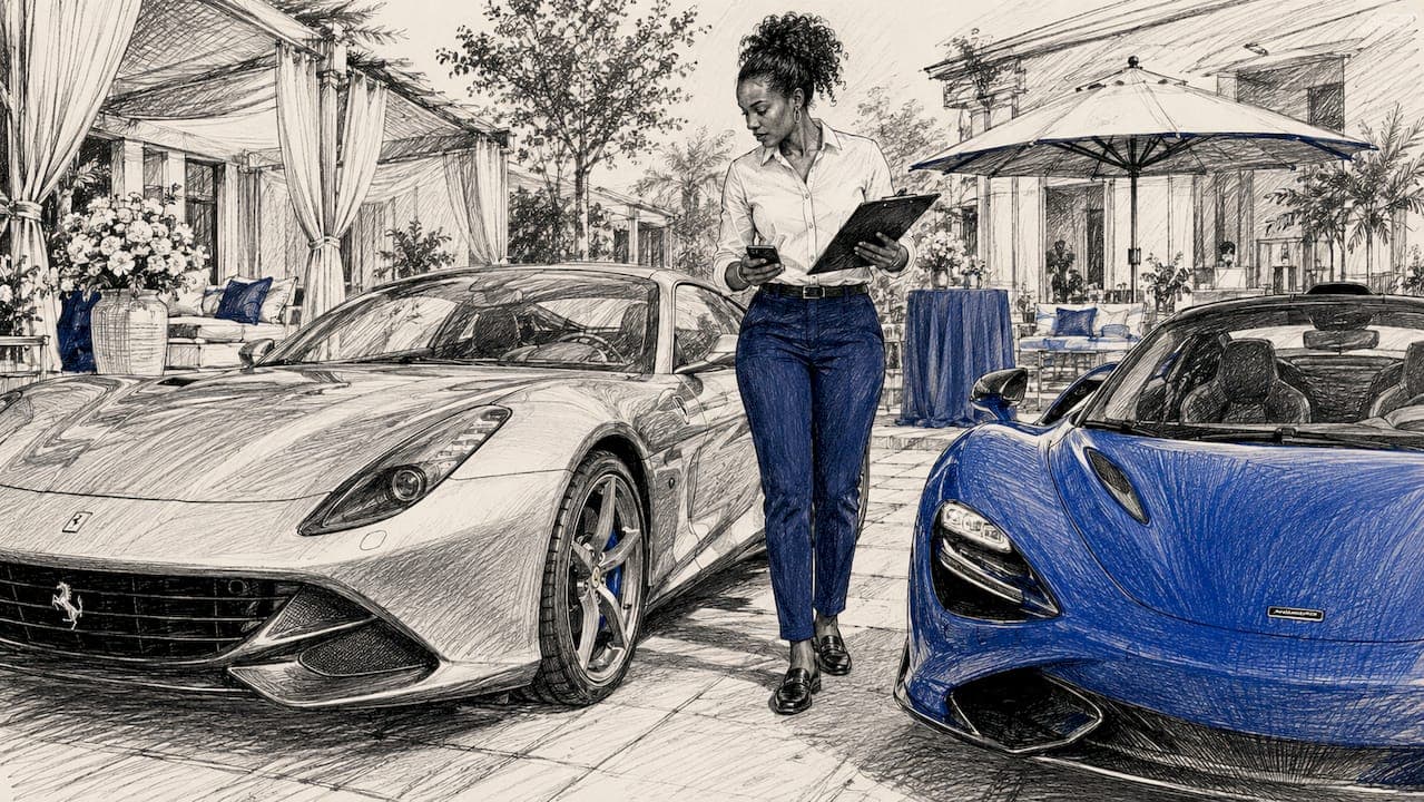 Event planner reviewing luxury exotic cars at venue