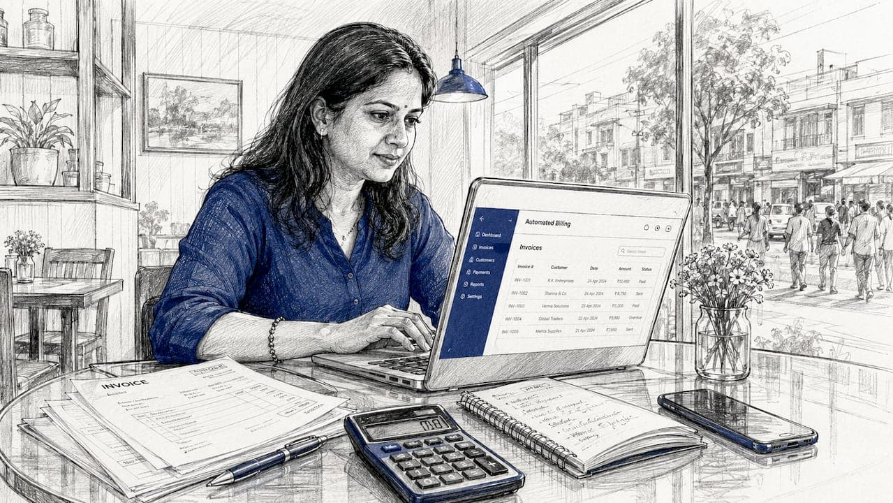 Woman working on automated billing software at desk