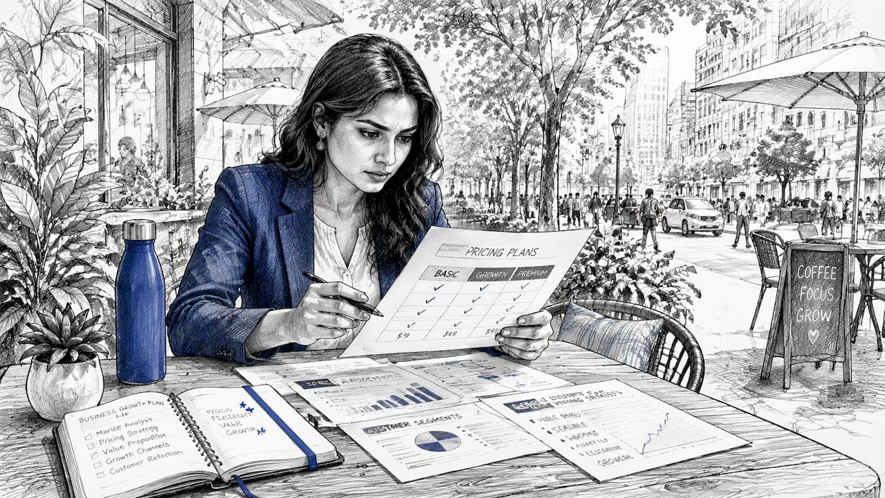 Businesswoman reviewing pricing plans at desk