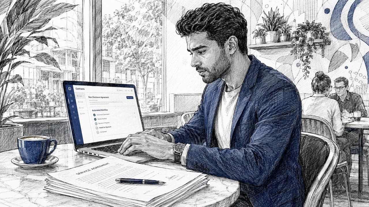 Man working on digital contract at office desk