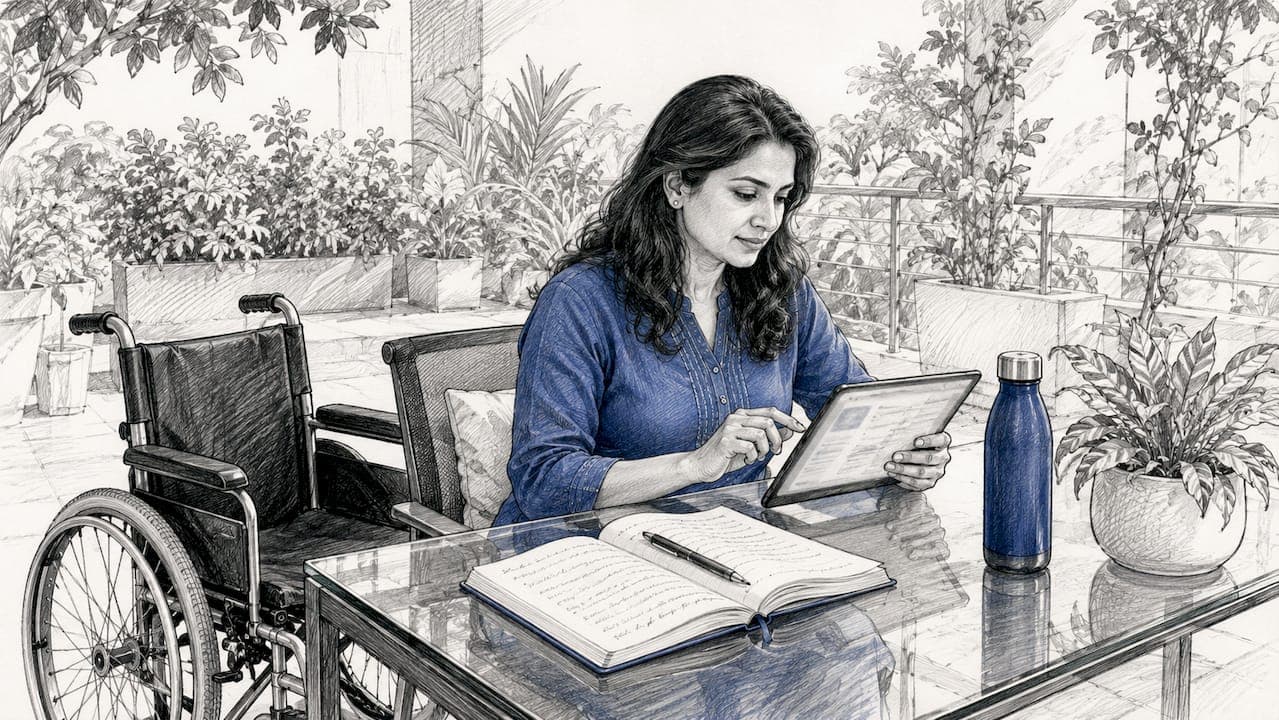 Woman at tablet in inclusive office space
