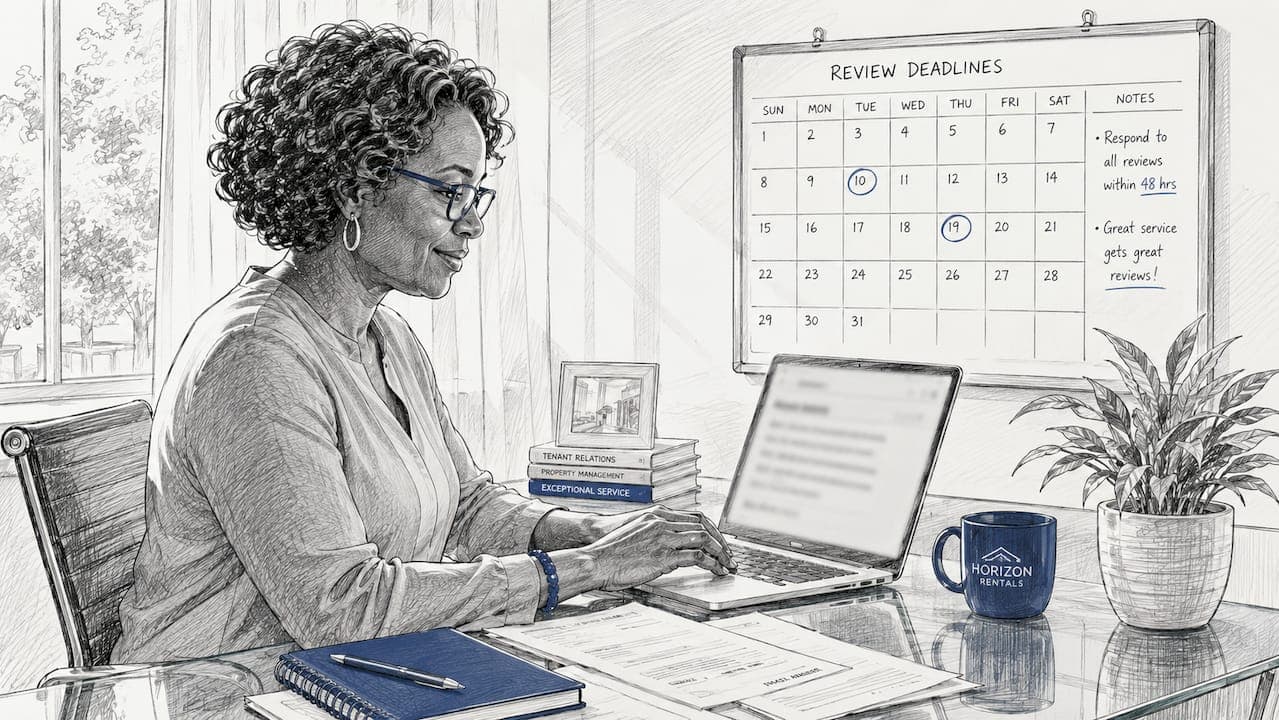 Person typing review response at office desk