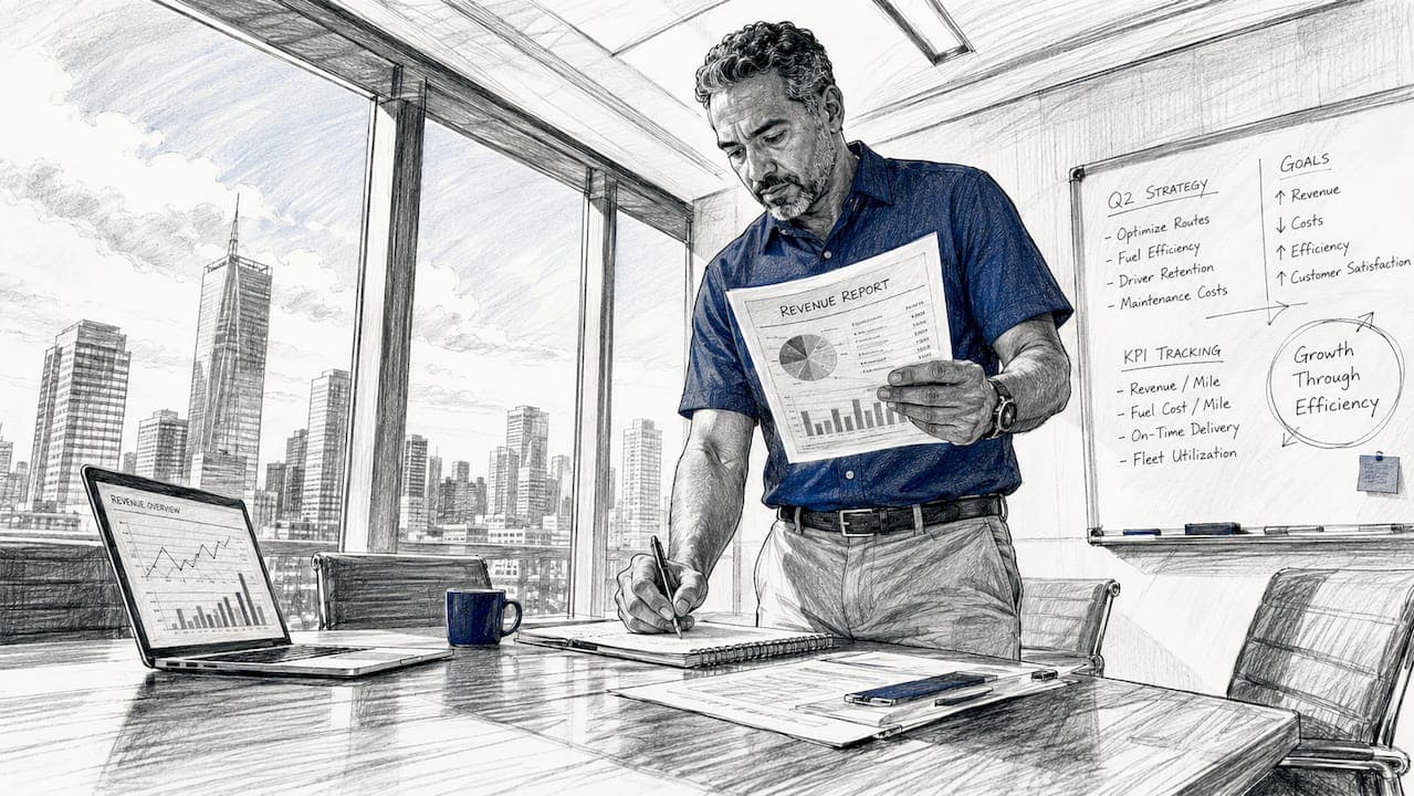 Fleet manager reviewing rental revenue spreadsheets at desk