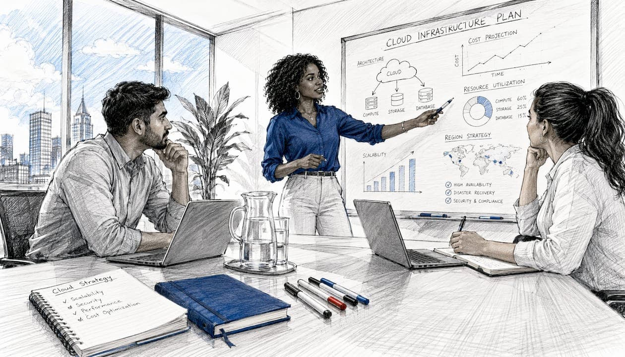 IT team collaborating in office with cloud dashboard