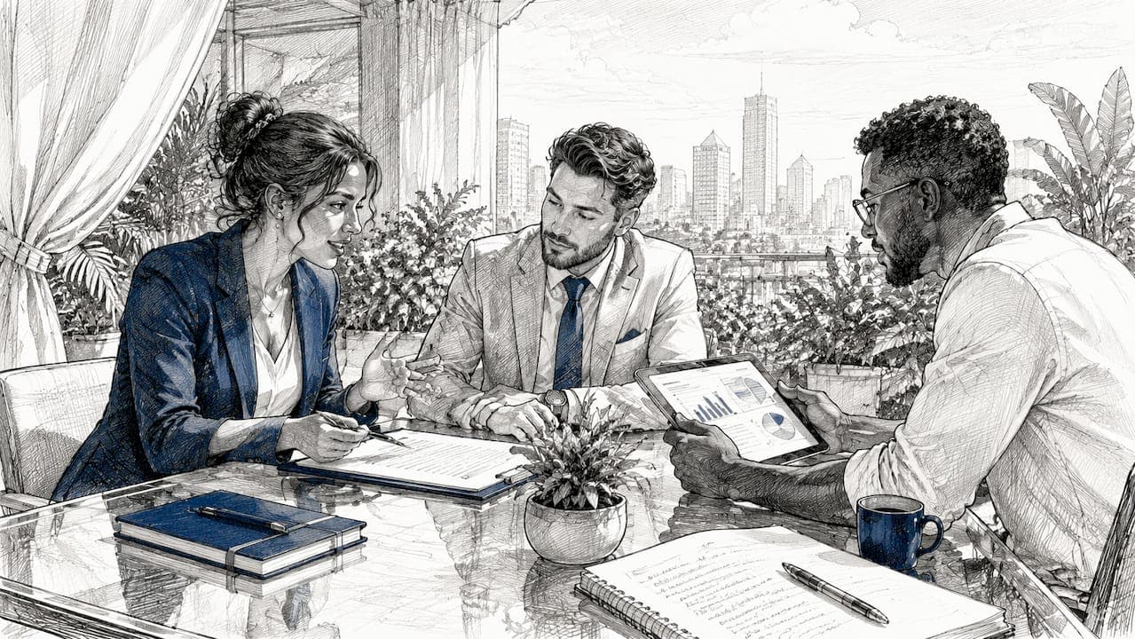 Team negotiating supplier contracts in meeting room