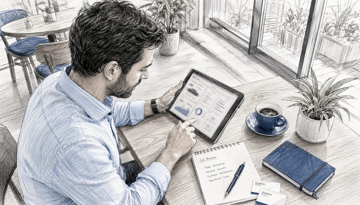 Businessman reviewing rental vehicle software dashboard