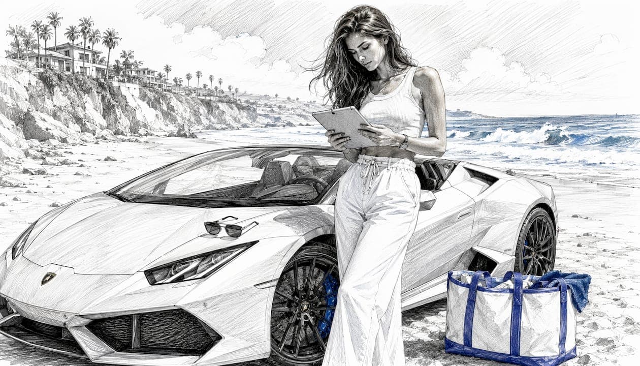 Influencer checking tablet near exotic car outdoors