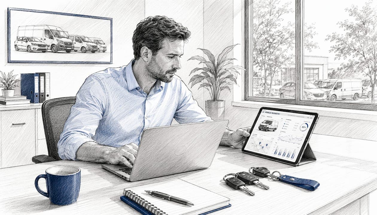 Rental operator reviewing telemetry data at desk