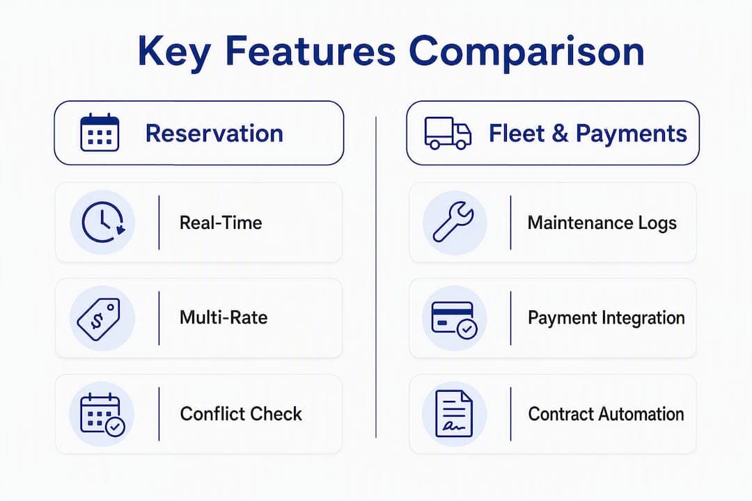 Infographic showing software feature categories and key points