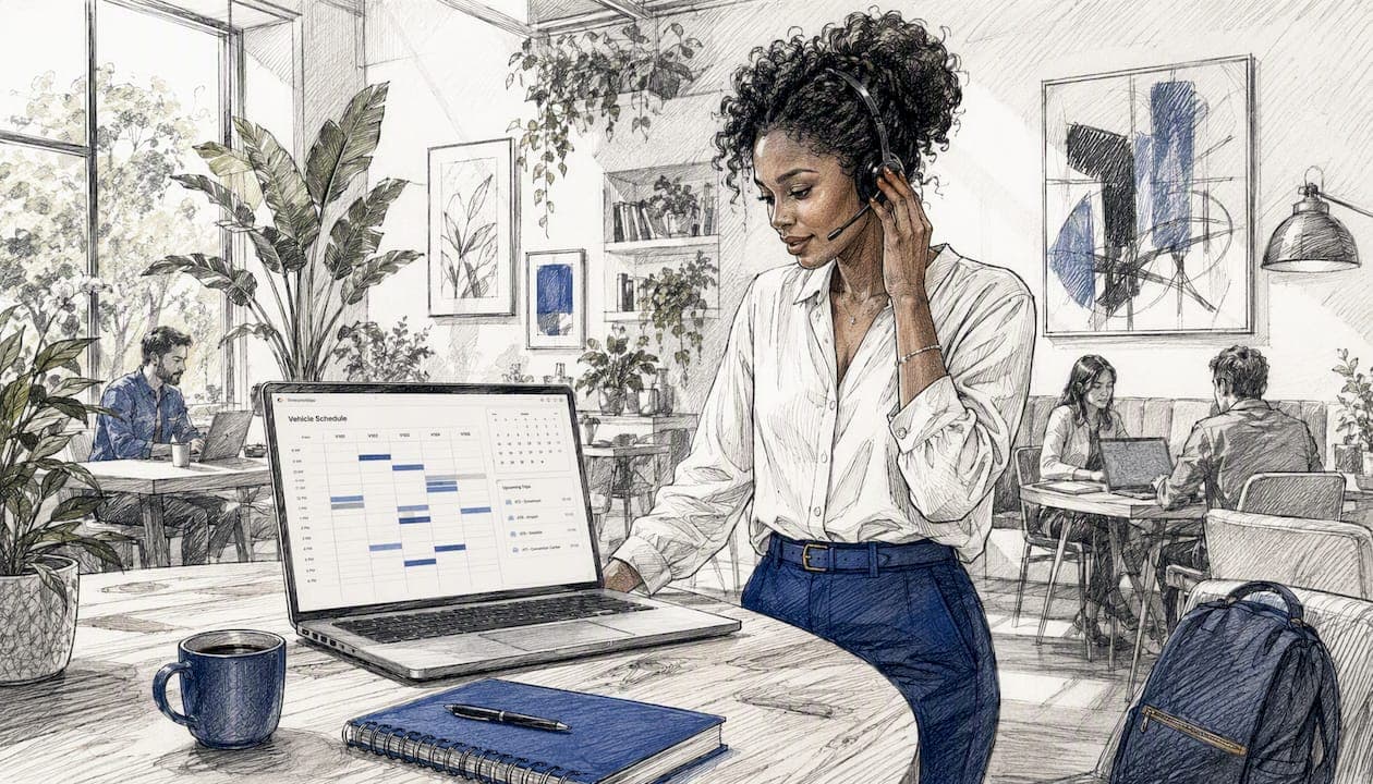 Operator managing fleet on laptop in office