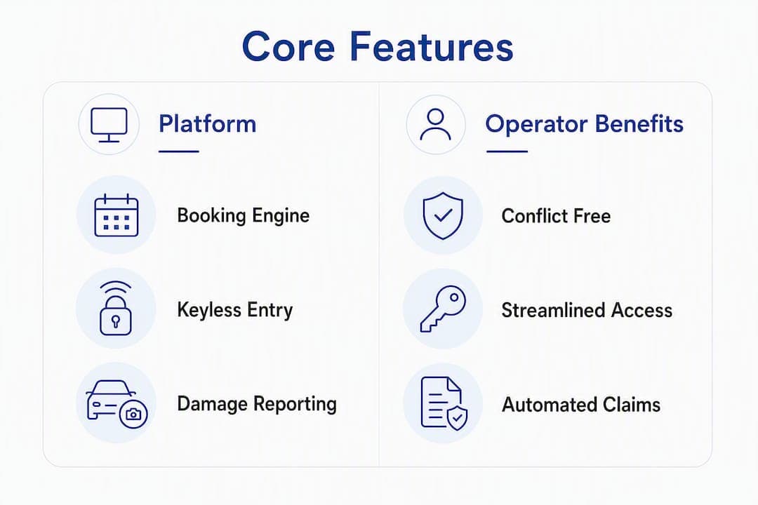 Infographic showing core platform features versus operator benefits