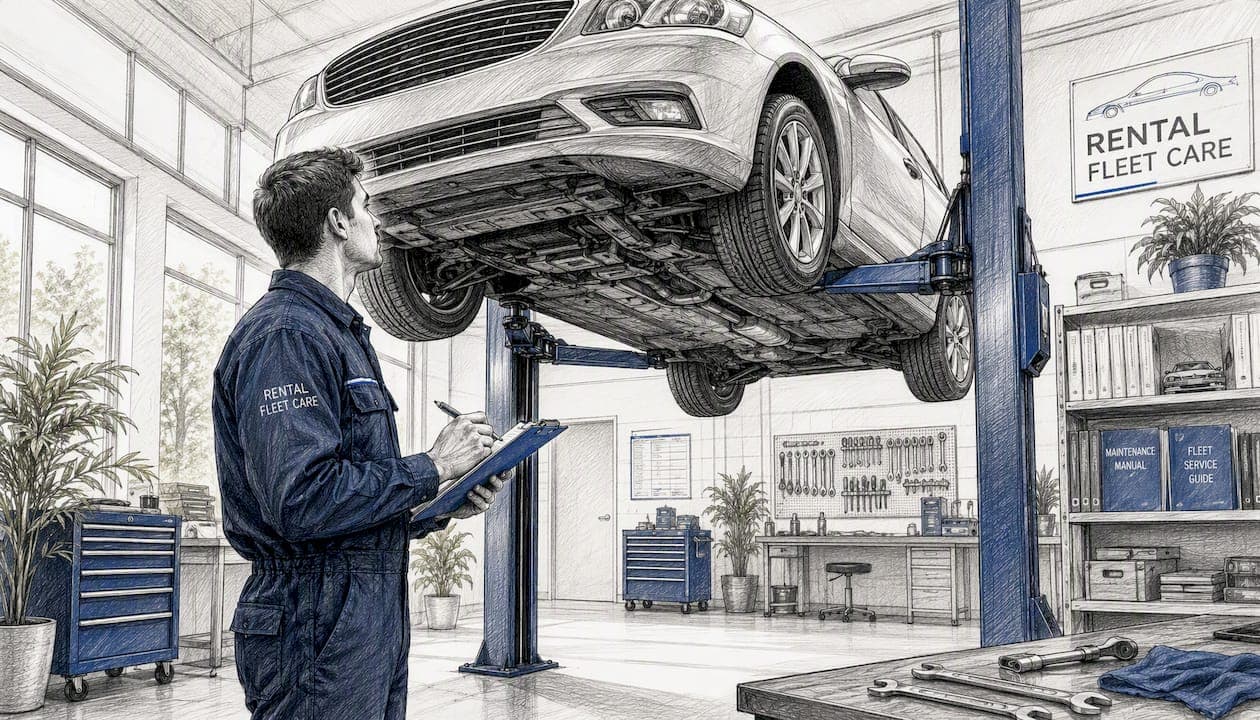 Mechanic inspecting rental car in service bay