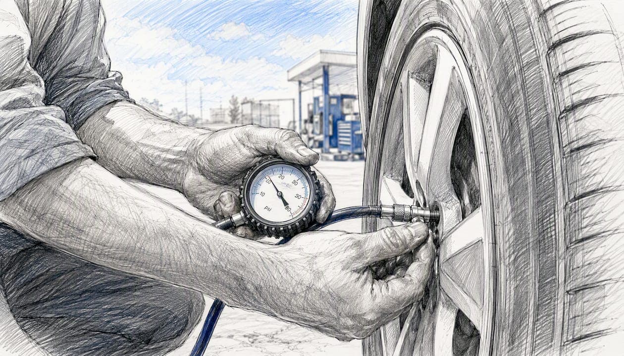 Hands checking tire pressure during vehicle maintenance