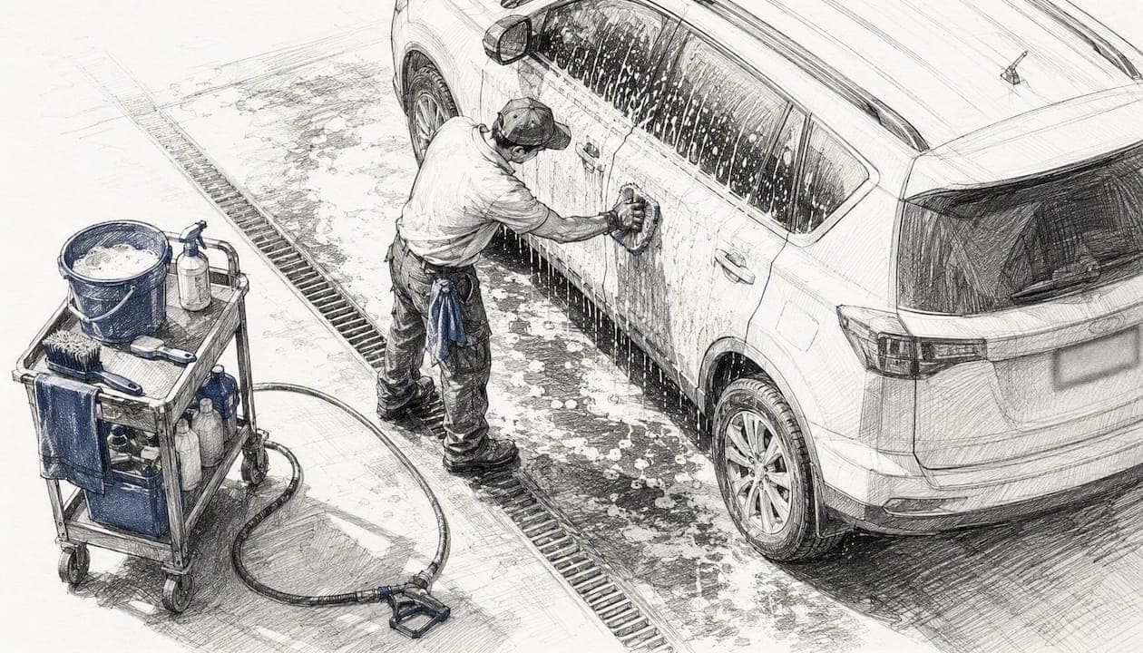 Worker cleaning rental vehicle wheel during turnaround