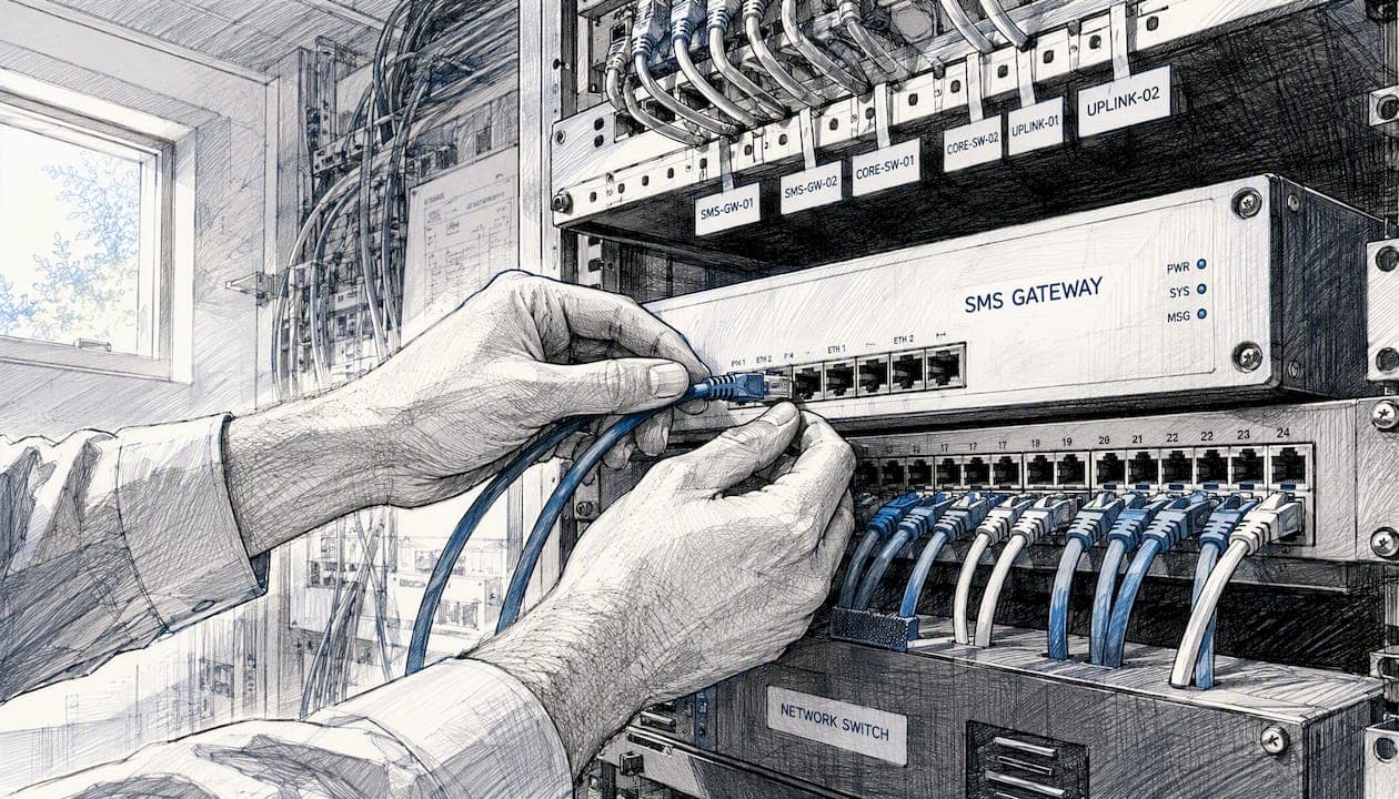 Hands connecting Ethernet cables in telecom rack