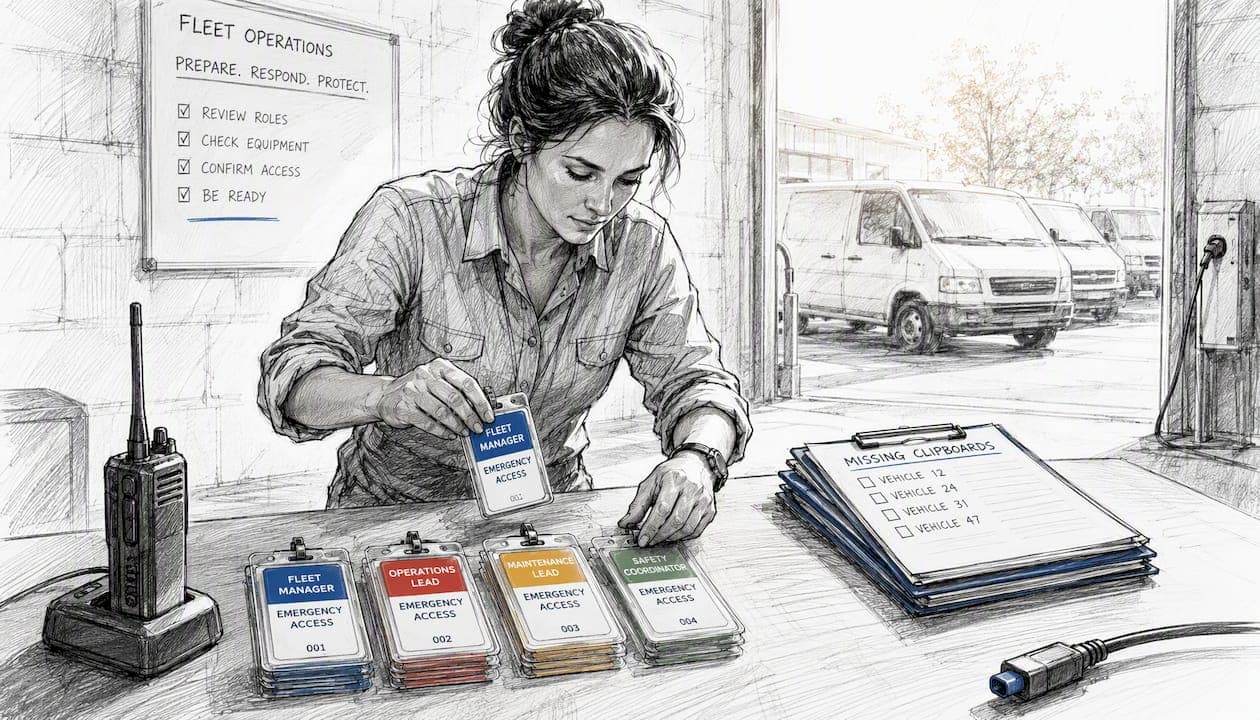 Manager preparing emergency role badges and checklists