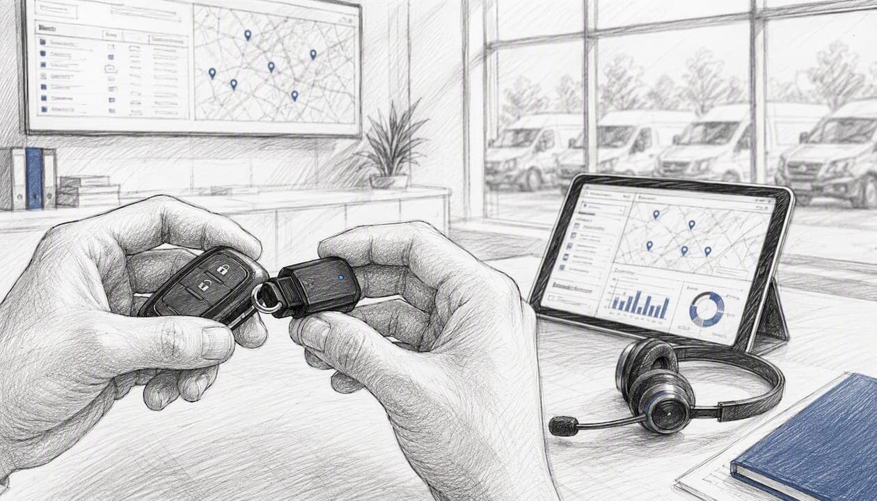 Hand adjusting GPS tracker on vehicle key fob in fleet room
