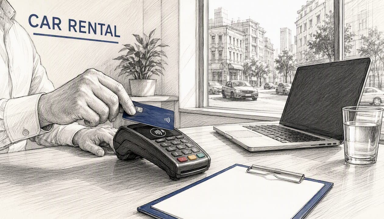 Hands swiping credit card at rental counter terminal