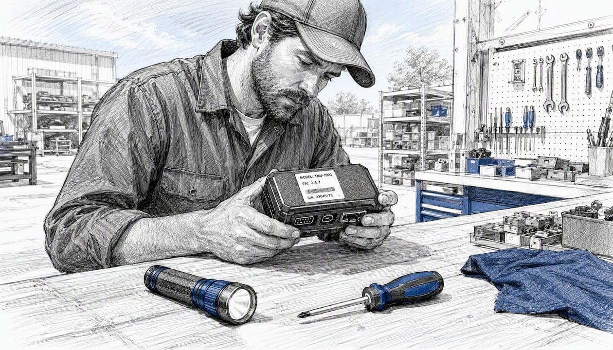 Technician inspecting telematics device firmware