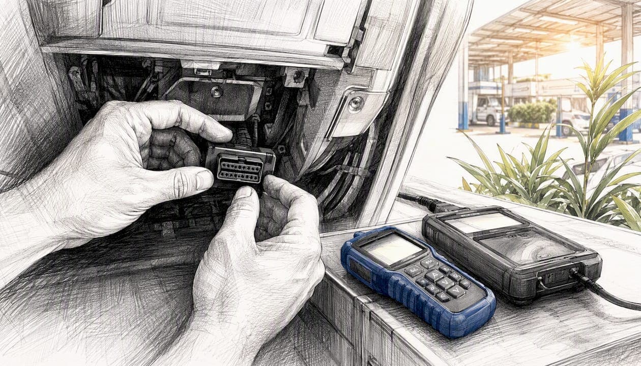 Hands inspecting vehicle OBD-II port