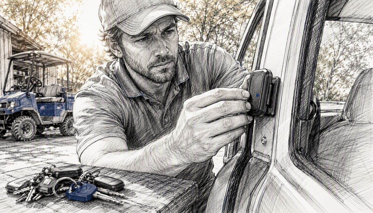 Hands attaching GPS tracker on vehicle door edge